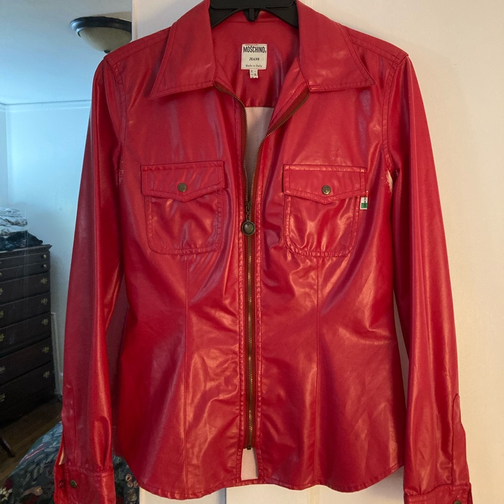 VINTAGE MOSCHINO - red, pleather zip up shirt